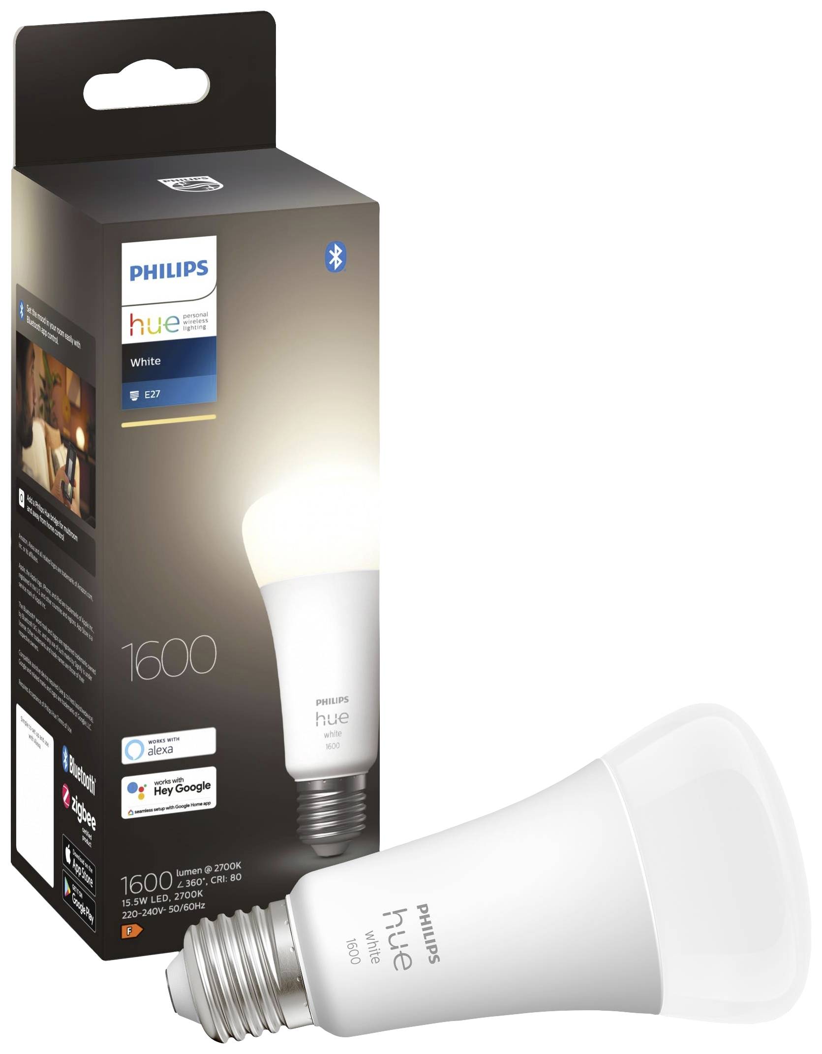 A Philips Hue LED light bulb and its packaging. The light bulb is white and has a power output of 1600 lumens. Bluetooth compatible.