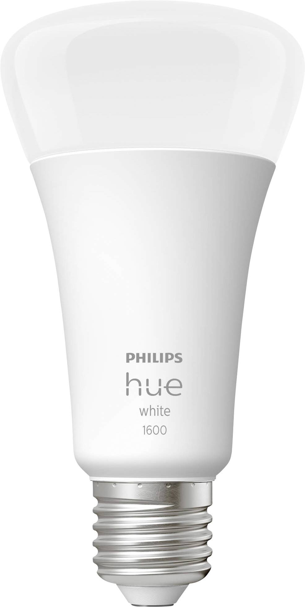 A white Philips smart LED light bulb with the inscription 'hue white 1600', suitable for customisable lighting.