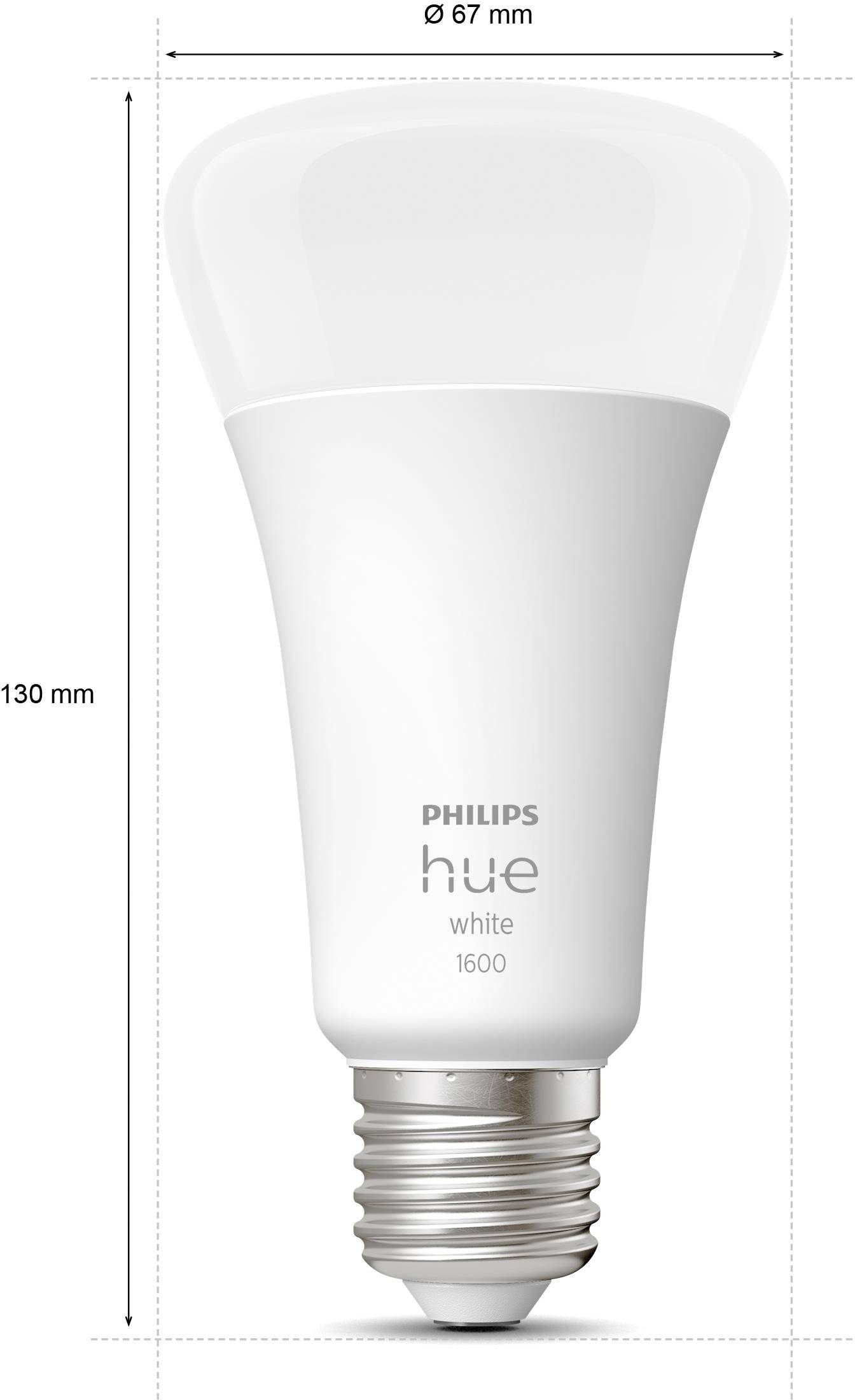 Philips Hue White light bulb, 1600 lumens, with dimensions: 130 mm height and 67 mm diameter, E27 fitting.