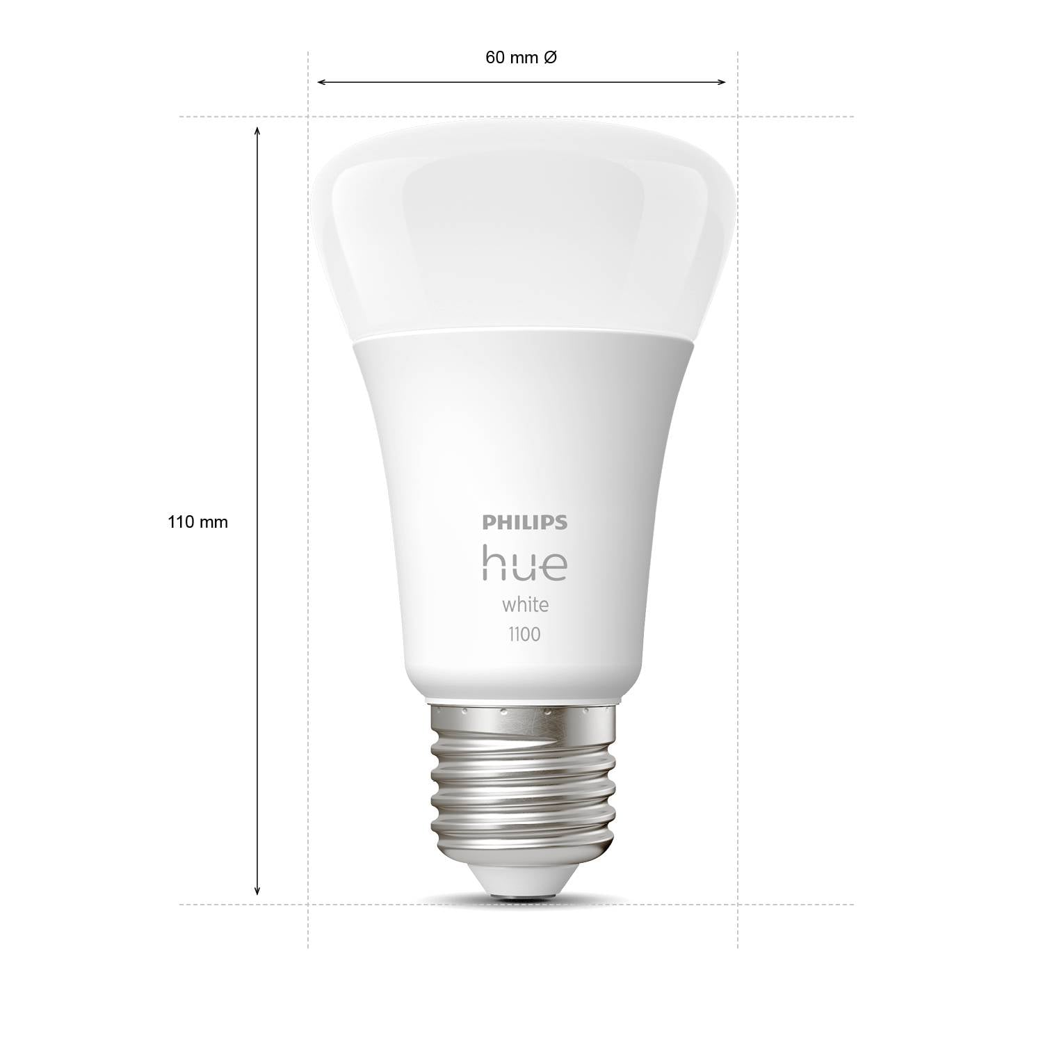 Lightbulb with inscription 'Philips hue white 1100'. Height 110 mm, diameter 60 mm, E27 bayonet cap. Energy-saving LED technology.