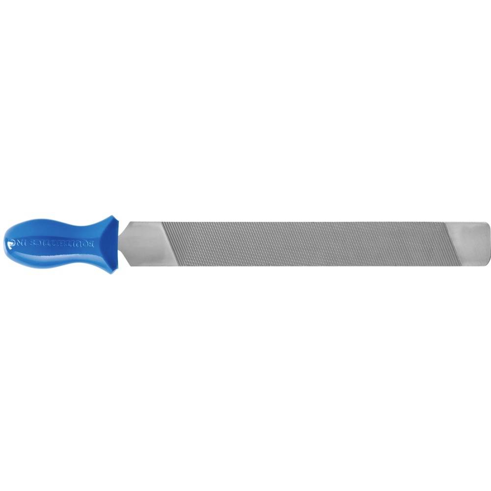 Metal file with blue handle.