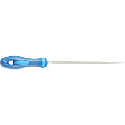A blue file with a sturdy handle and narrow blade, suitable for precise filing work.