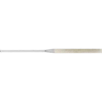 Tool file with a flat, grey metal body and a coarse-grained, beige abrasive surface, used for filing materials.