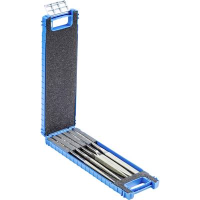 Blue, open toolbox with five files of various shapes and sizes nestled on black foam.