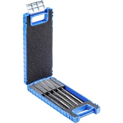 A blue open tool case with five drill bits, neatly organised in foam inserts. The case has a carry handle.