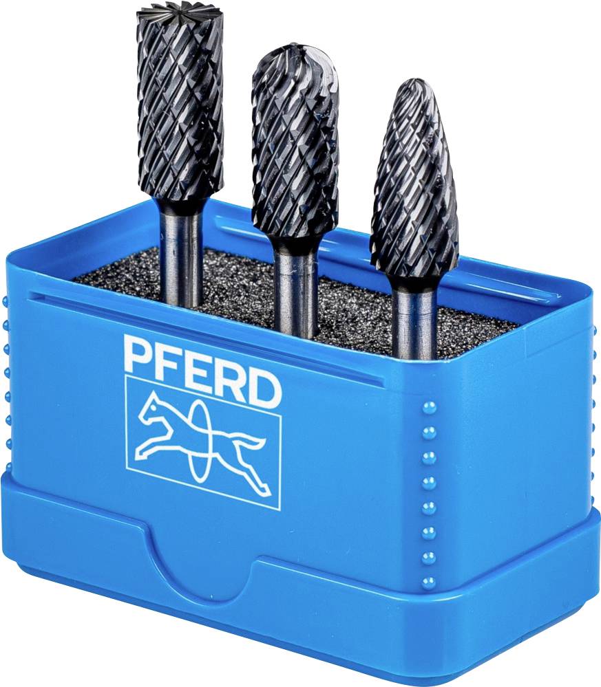 Three milling cutters in a blue plastic box, labelled 'PFERD'. Various milling forms for metalworking.