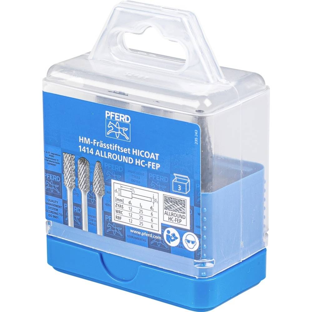 Transparent plastic housing with three rotating milling bits from PFERD and technical details on the label.