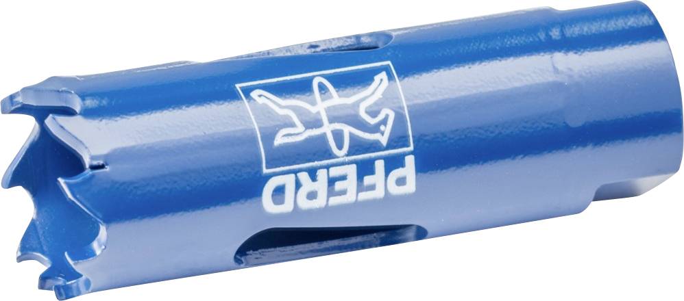 Blue hole saw with rounded cutting edge and 'Horse' logo. Suitable for metal and wood drilling, robust design.