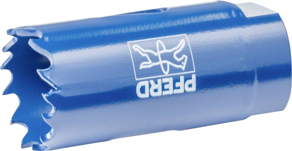 A blue hole saw attachment with a serrated cutting edge, the word 'horse' and a horse symbol are printed on the outside.