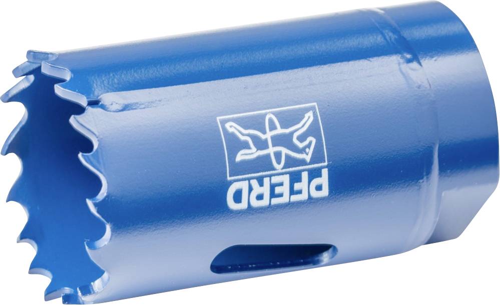 Blue hole saw attachment with serrated edges and 'PFERD' logo, used for drilling work in various materials.