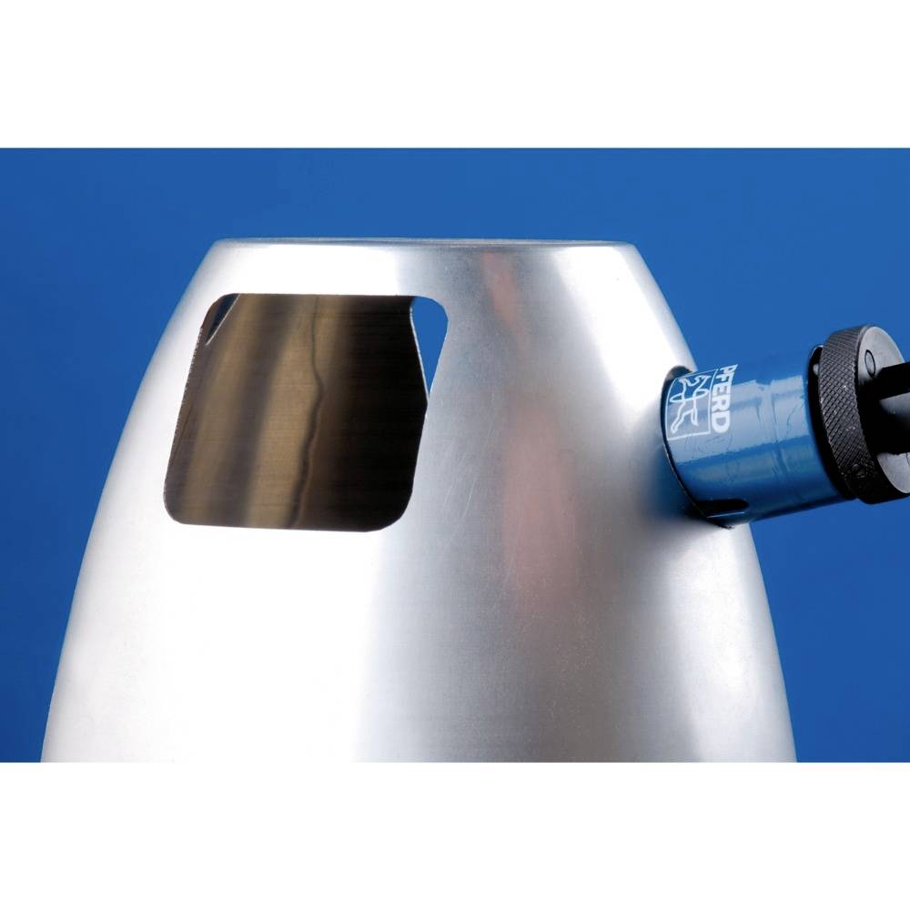 A silver, conical object with a rectangular cut-out and a blue cylindrical part attached to its side.