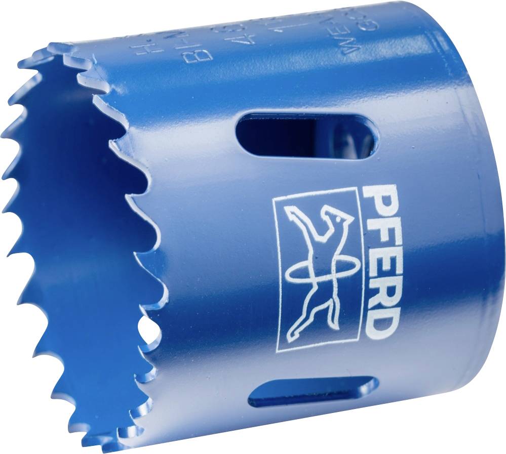 Blue attachment with serrated edges and holes, used for drilling large holes. Marking shows 'PFERD' logo.