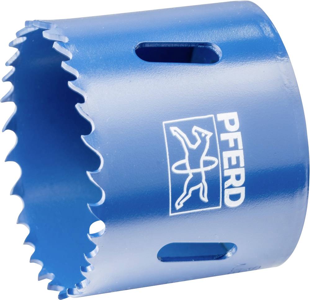 Blue hole saw attachment with serrated edges and two narrow slots, featuring the Horse logo and the 'PFERD' lettering.