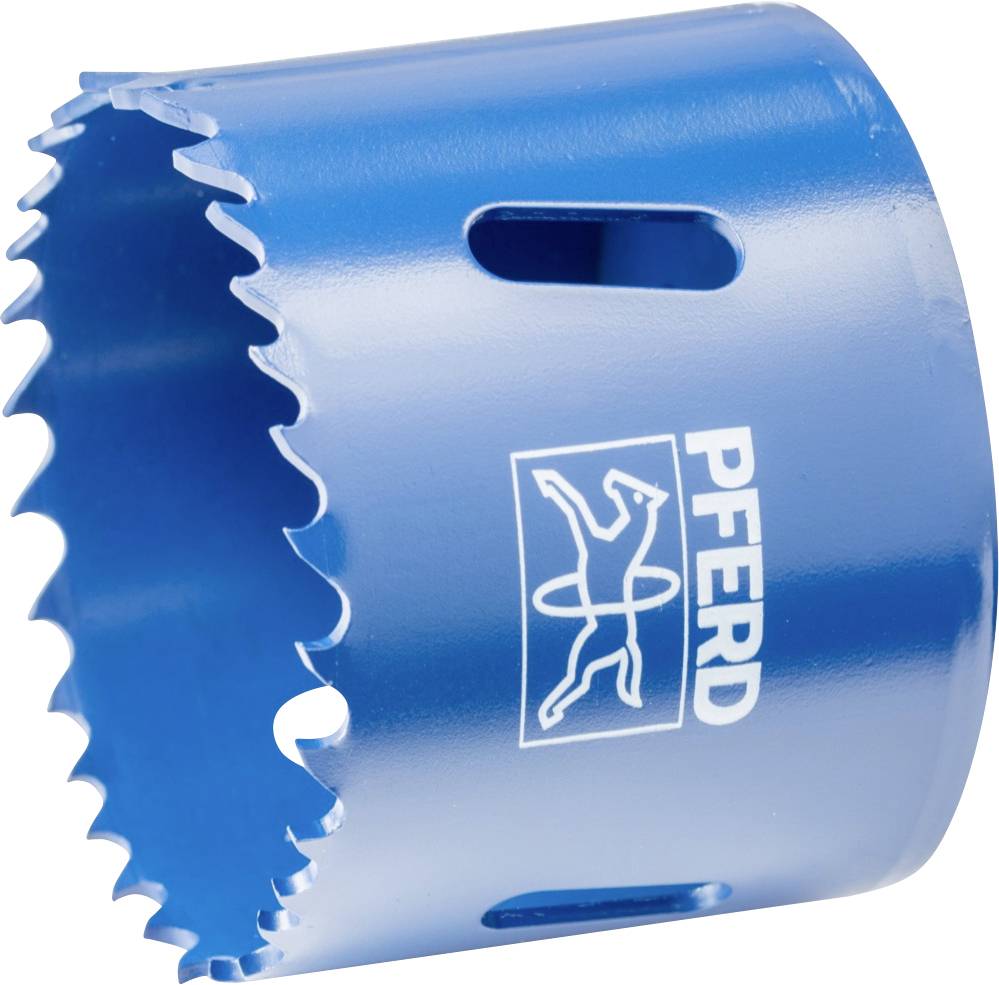 Blue hole saw with serrated edge, brand print 'PFERD' and horse symbol, suitable for drilling machines.