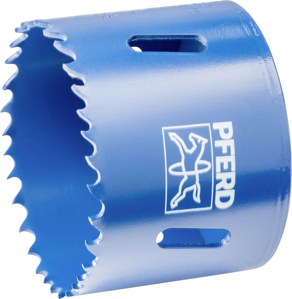 Blue hole saw attachment with serrated edge and 'PFERD' logo, suitable for drilling into various materials.