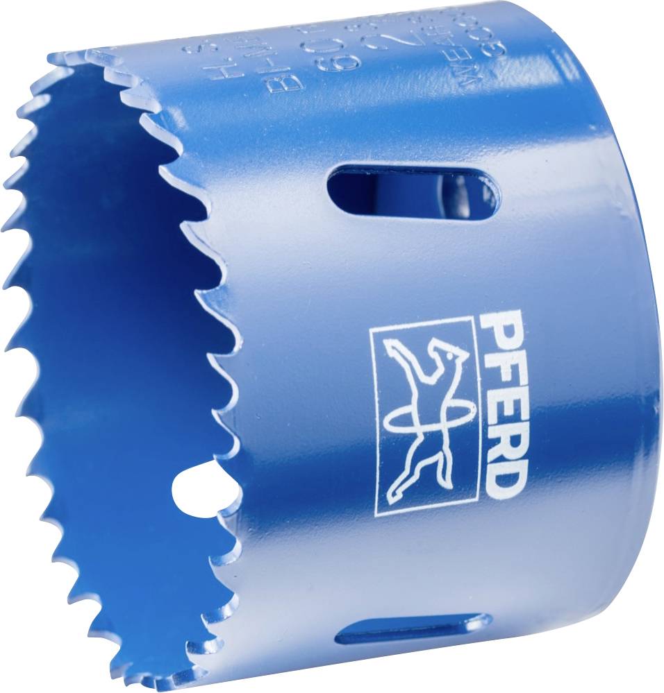 Blue hole saw with serrated edge and a horse brand mark.