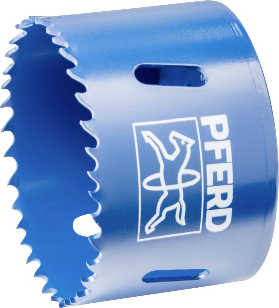 Blue hole saw with the 'PFERD' logo, toothed design for wood and metal processing.
