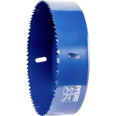 A blue metal hole saw attachment with fine teeth on the cutting edge, a side slot for fastening, with the 'PFERD' brand logo.