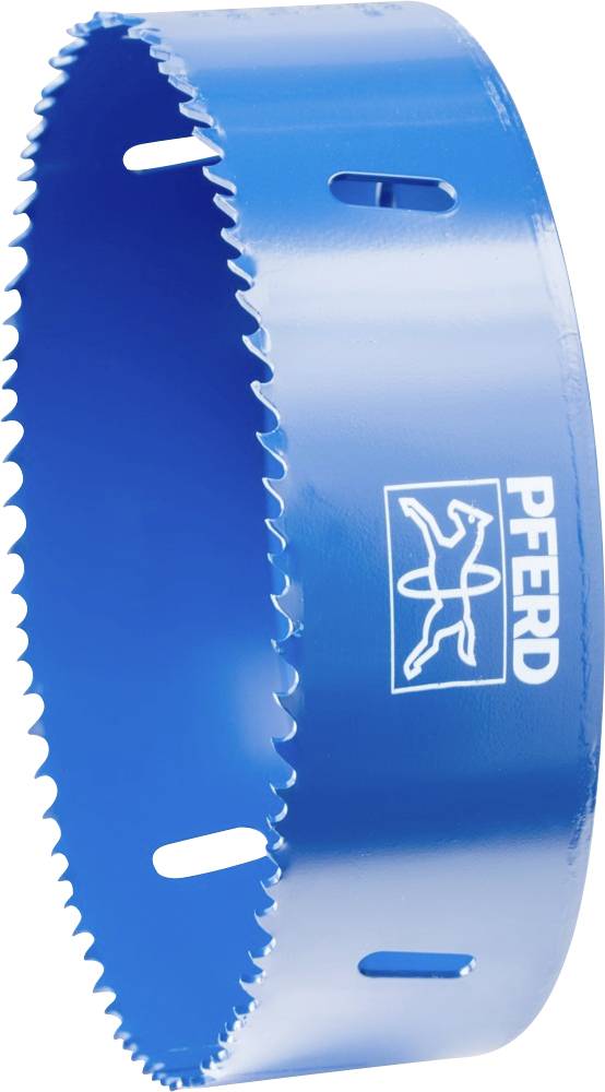 Blue hole saw blade with serrated edge and three holes for mounting, next to a logo featuring a horse and the text 'PFERD'.
