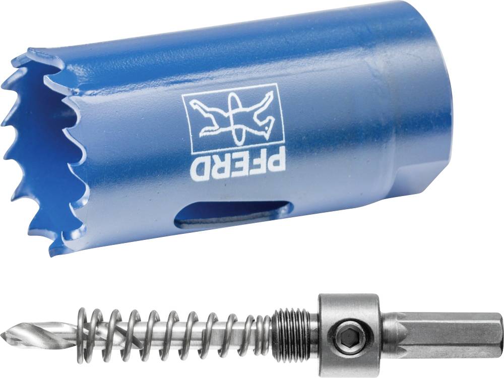Blue hole saw attachment with serrated cutting edge and metal drill bit, suitable for precise drilling in materials such as wood or metal.