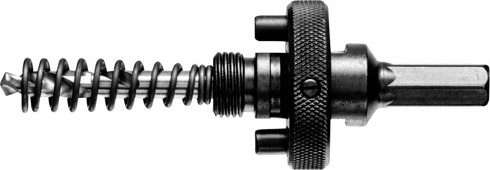 Metal tool with spring mechanism and hexagonal socket, used for mechanical purposes or machine repairs.