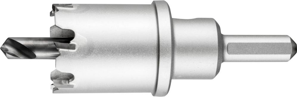 A metal hole saw drill bit with sharp teeth and a sturdy shaft, ideal for drilling large holes in metal surfaces.