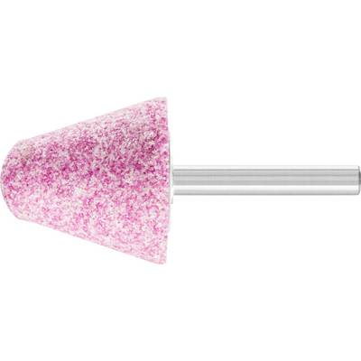 A cone-shaped grinding attachment with a pink, granular surface and a silver metal shaft, used for polishing work.