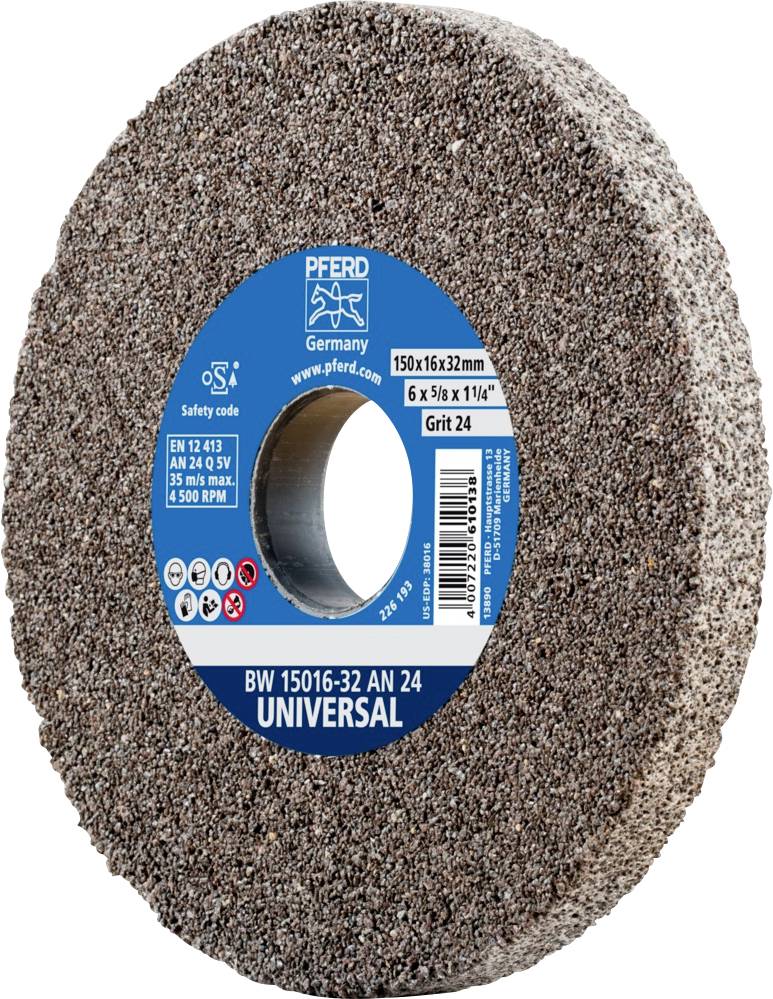 Disc-shaped grinding body with blue label. Marked with 'UNIVERSAL', 'PFERD Germany'. Dimensions 150x16x32mm, grit size 24.