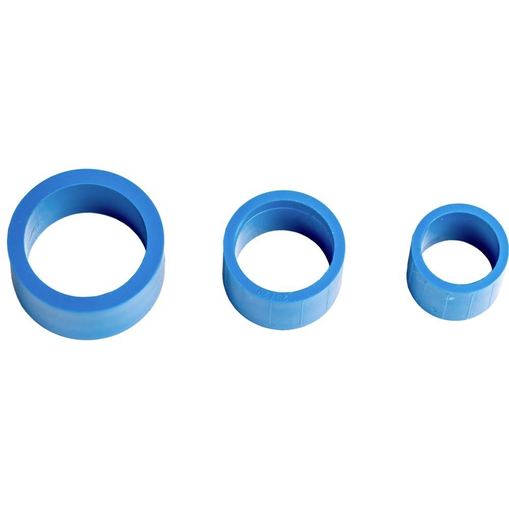 Three blue plastic rings side by side, decreasing in size from left to right.