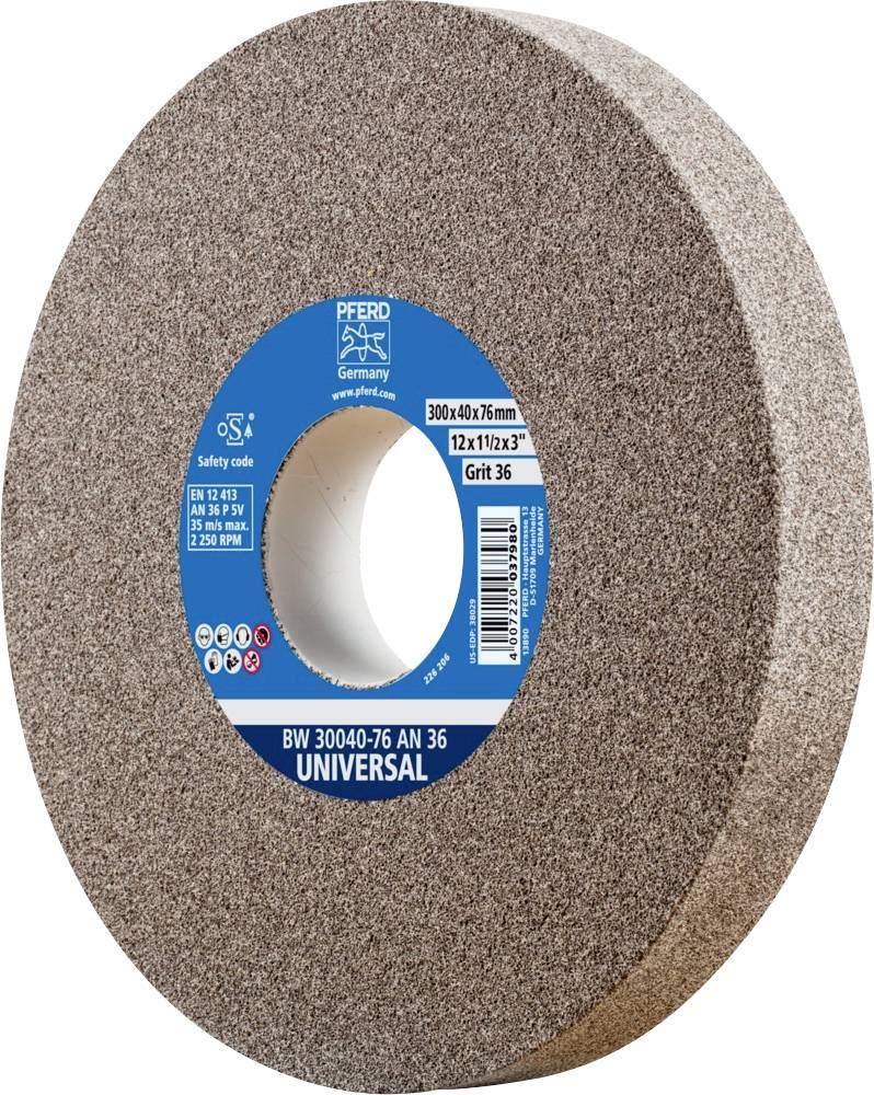 Universal grinding wheel, 300 mm diameter, grit size 36, dark grey with blue lettering in the centre, side angle.