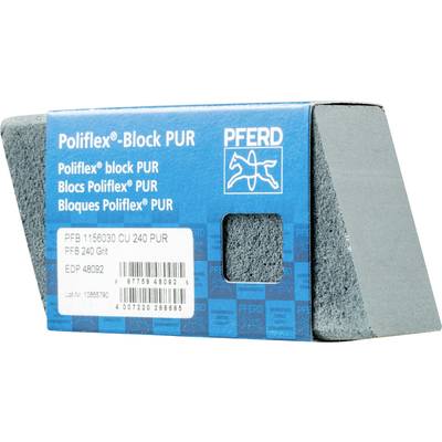 A grey abrasive block by PFERD, called 'Poliflex-Block PUR', packaging displays product details including grit 240.