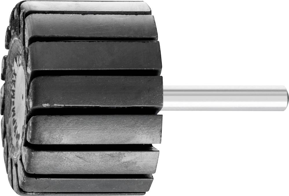 A round, black silicon carbide grinding disc with flat lamellae and a metal rod as a handle, on a white background.