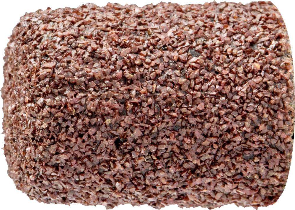 A cylindrical grinding attachment with coarse, red grit, used for grinding work on materials such as metal or wood.