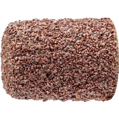 A cylindrical grinding attachment with coarse, red grit, used for grinding work on materials such as metal or wood.