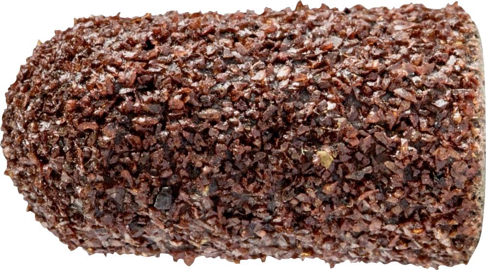 A brown grinding attachment, cylindrical with coarse grain, used for fine grinding or polishing in craft or hobby work.