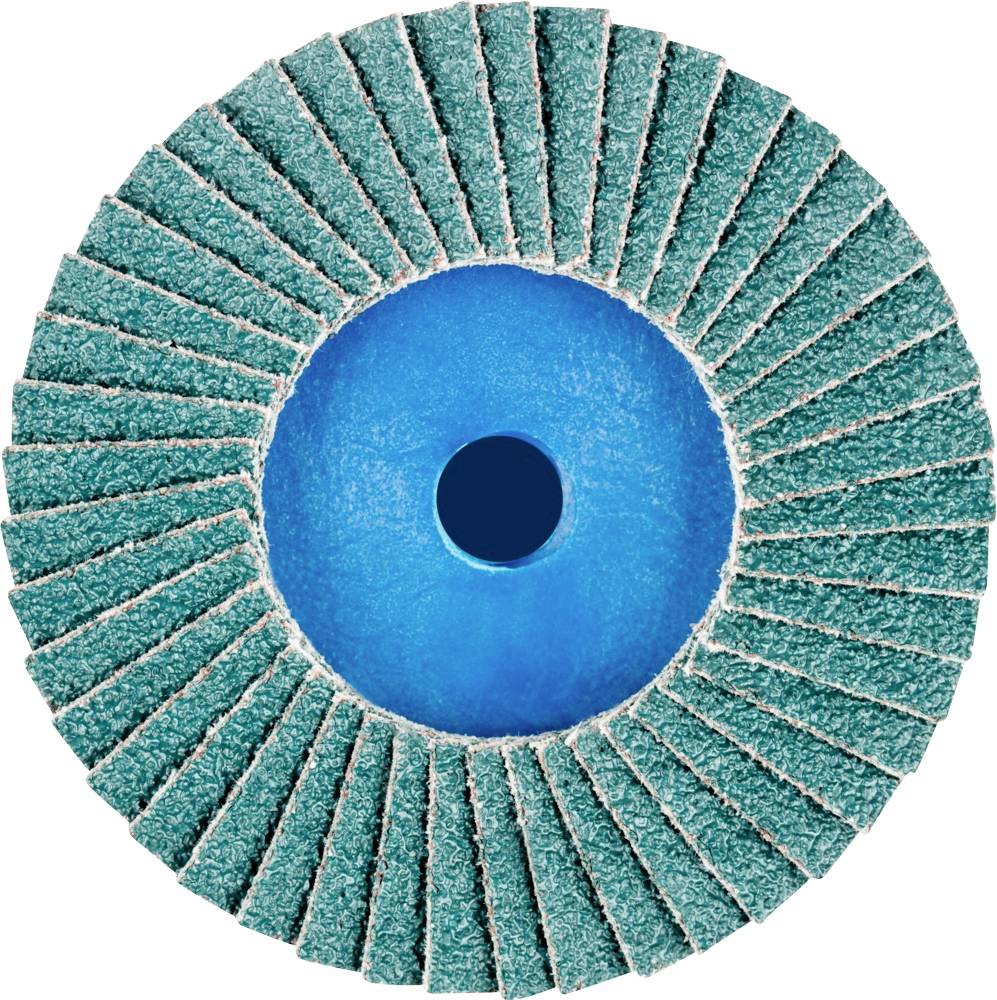 A round grinding wheel with green-blue lamellae, arranged concentrically, on a blue background. Primarily used for surface processing.