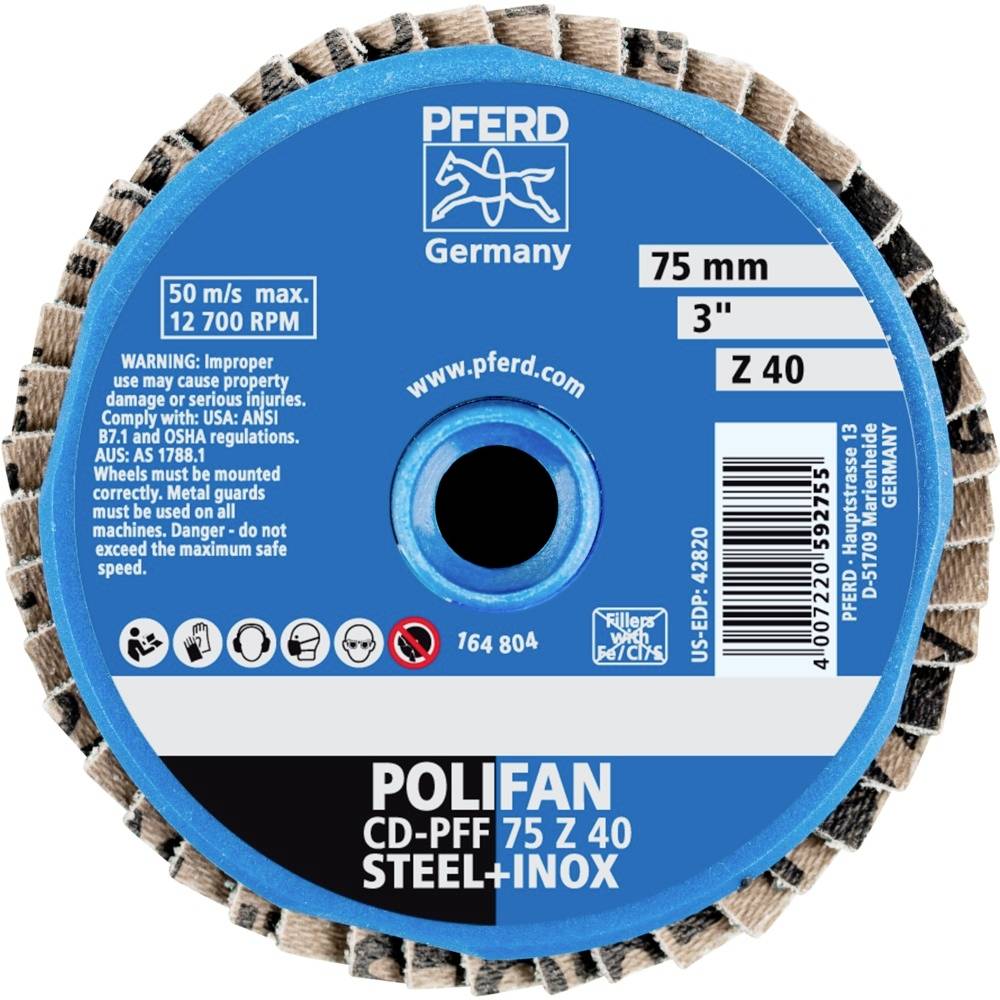 'PFERD Polifan 75mm Grinding Disc, Z 40, for Steel and Stainless Steel, max. 12,700 rpm, Warning Notices on Improper Use.'