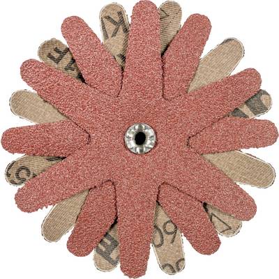 A rust-brown grinding attachment with a star-shaped design, consisting of overlapping sanding leaves, mounted on a central holder.