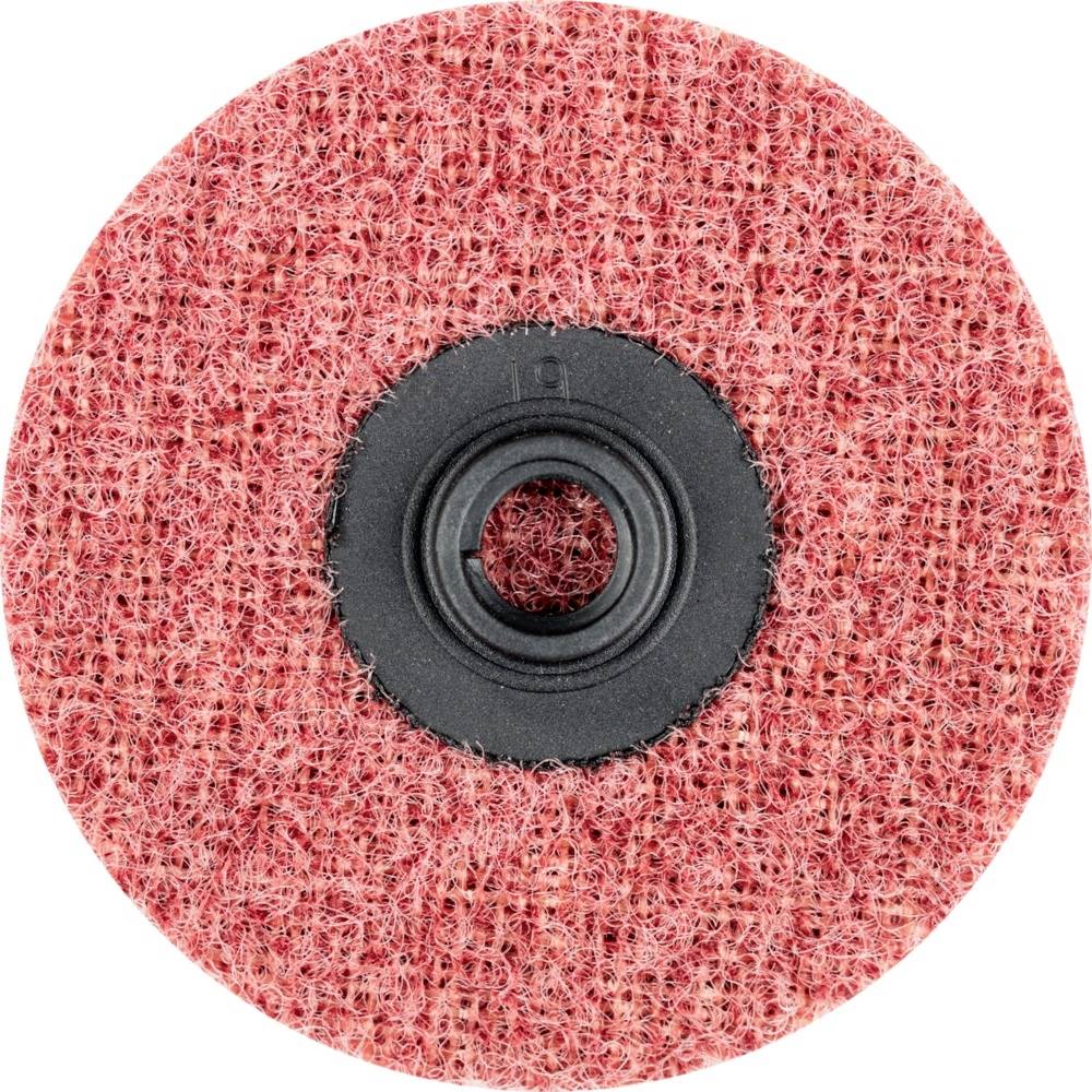 Red scouring pad disc with a central plastic holder, used for cleaning or polishing.