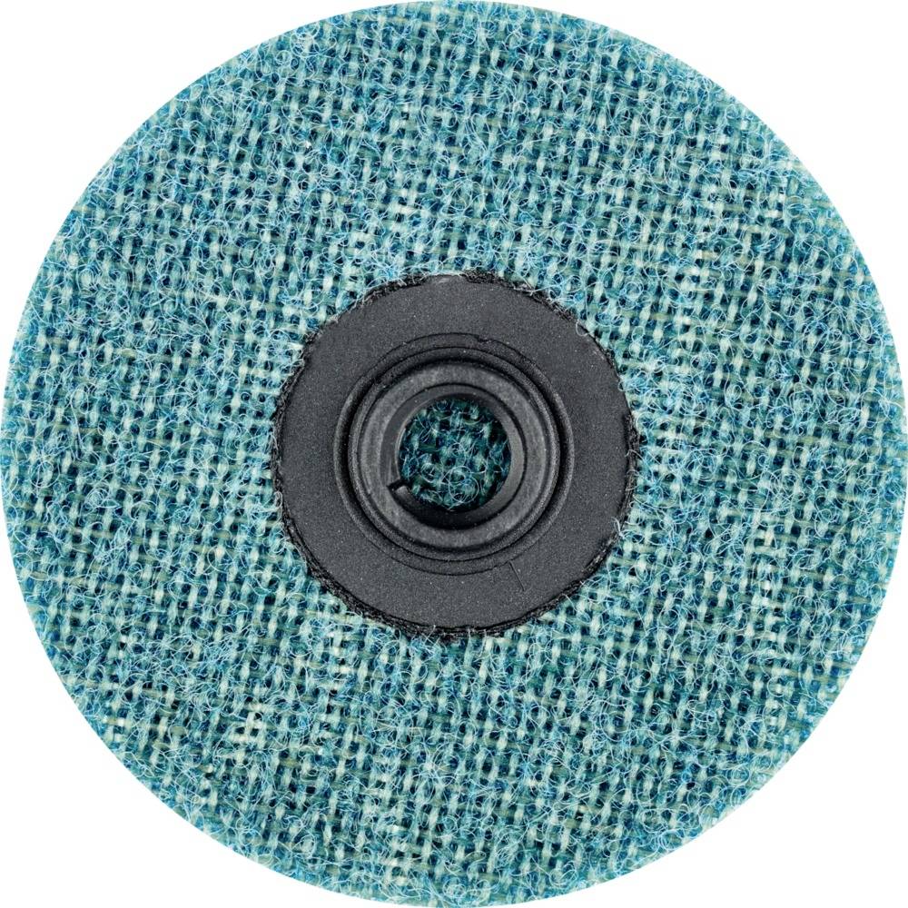 A round, blue structured sanding pad with a black plastic holder in the centre, viewed from above.