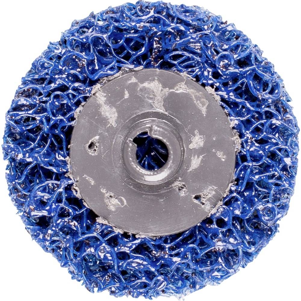 Blue grinding attachment with silver centre for angle grinder, suitable for removing rust and paint from various surfaces.