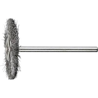 A wire brush attachment with metal bristles for a drill, used for cleaning and removing rust from surfaces.