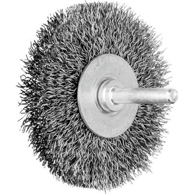 Metal wire brush attachment for power drills, round and densely bristled, for cleaning and removing rust from surfaces.