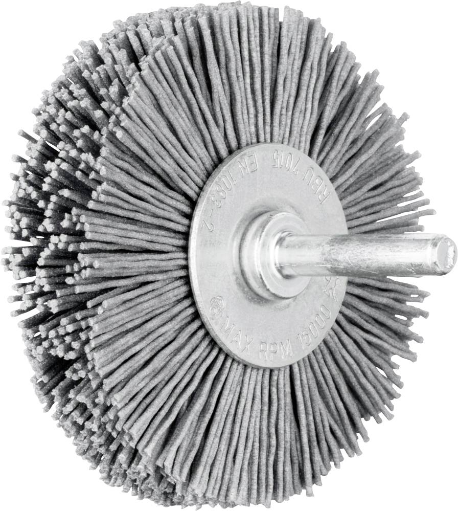 Grey wire brush with bristles and cylindrical shaft, used for surface processing of materials.