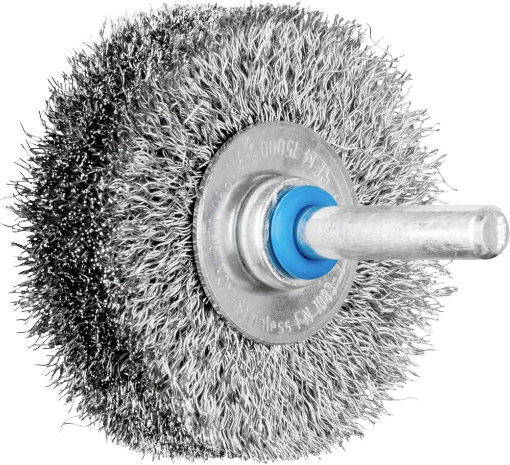Steel wire brush with a cylindrical handle, suitable for cleaning and removing rust from metal surfaces.