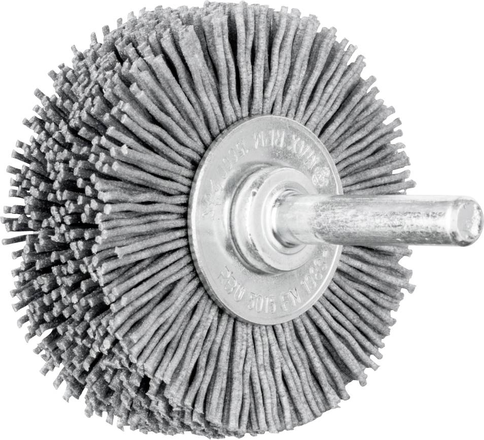 Round wire brush with metal handle, suitable for smoothing and cleaning surfaces such as wood or metal.