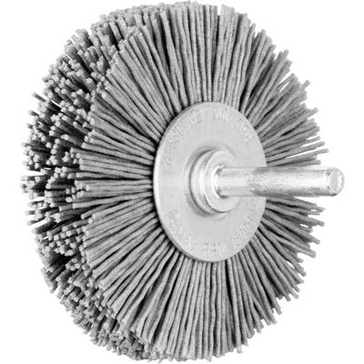 A round wire brush with rod holder, for metal cleaning. The bristles are made of fine wire.