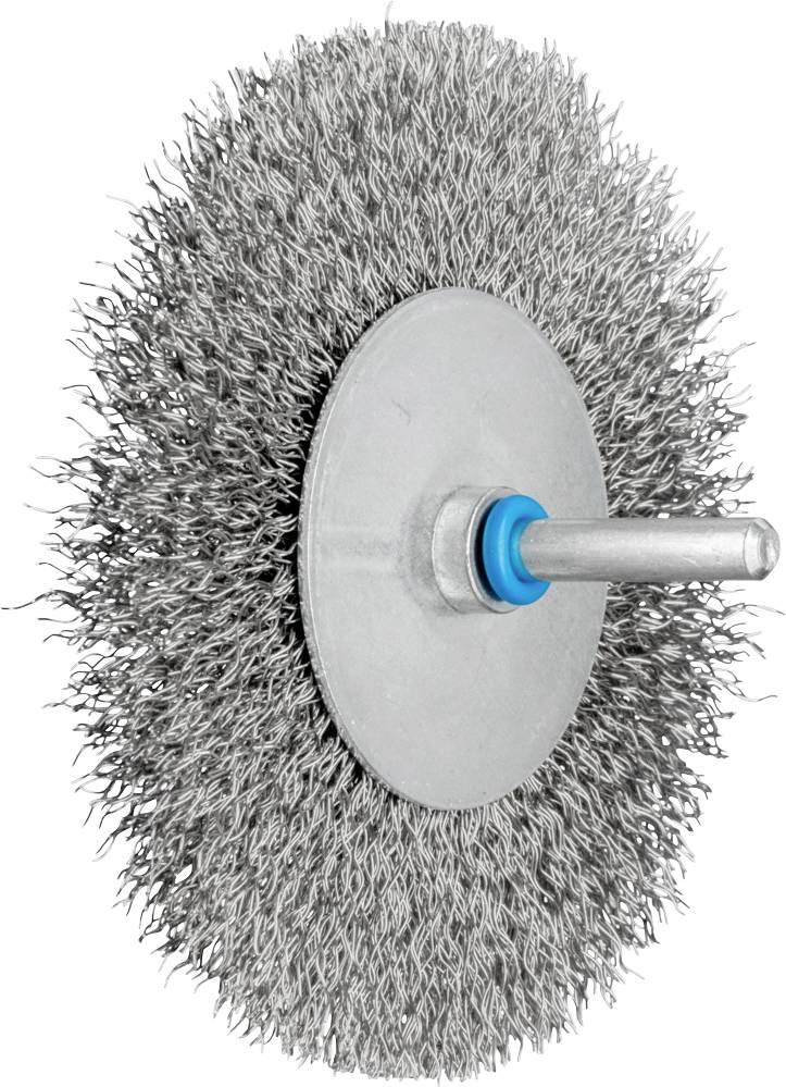 The image depicts a metal brush with dense bristles and a blue border in the centre, mounted on a shaft.