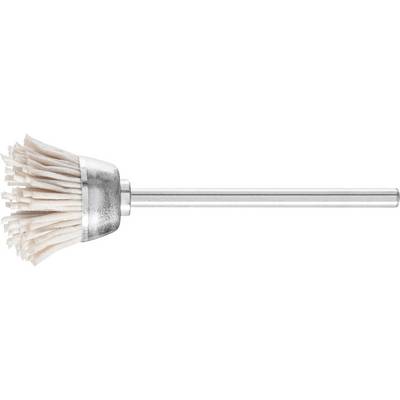Metal brush attachment with white bristles, suitable for cleaning tasks in hard-to-reach areas.