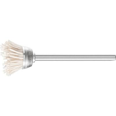 Drill brush attachment with spiral white nylon bristles and a metal shaft; used for cleaning or polishing.